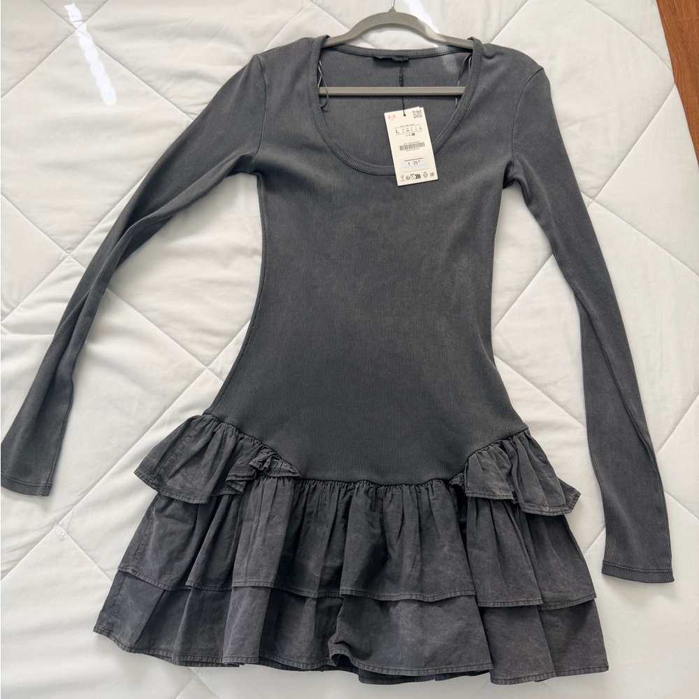 Zara Charcoal Long Sleeve Dress with Tiered Skirt - Picture 2 of 2